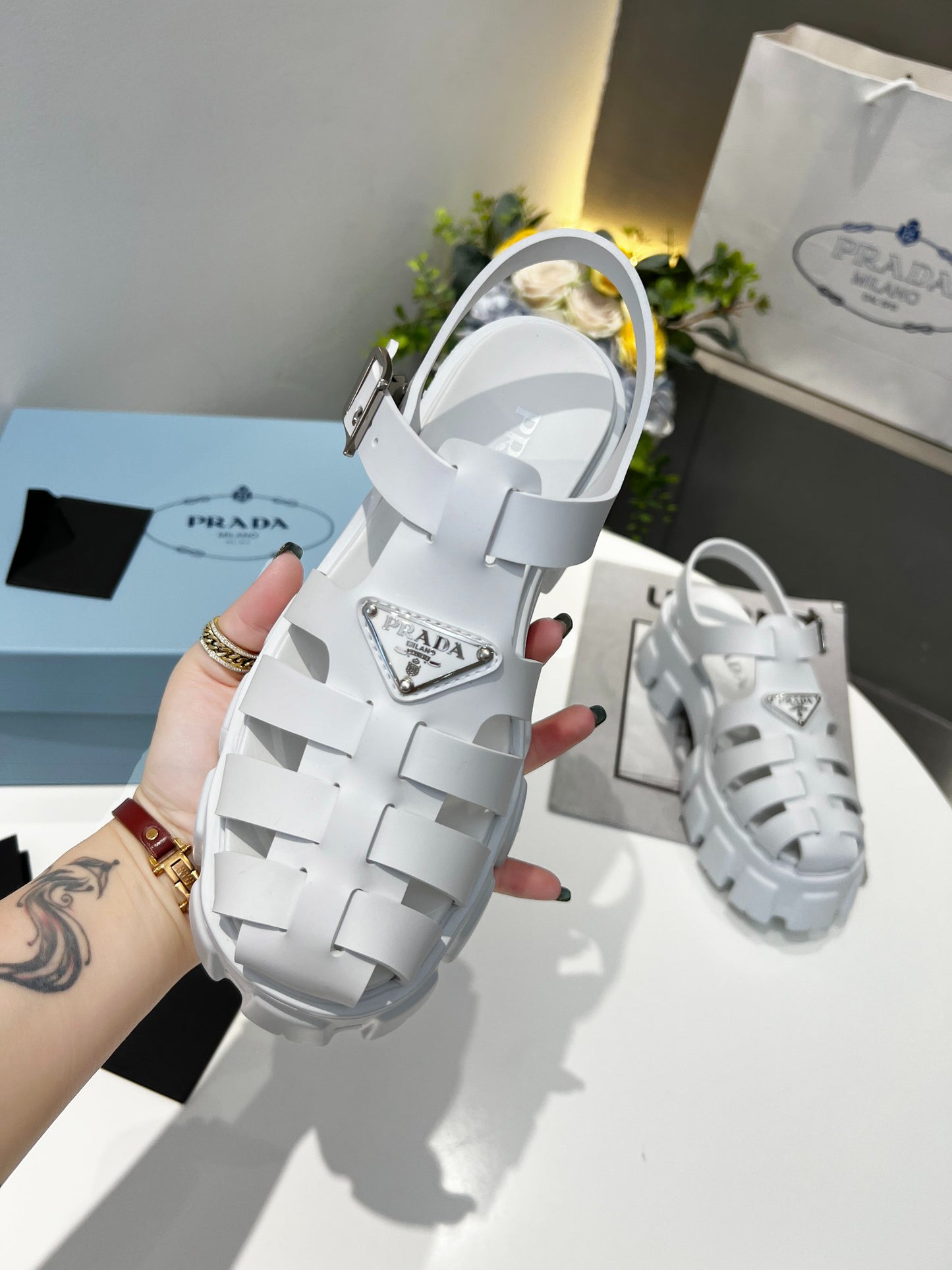 Women White Chunky Platform Roman Sandals Prada Triangle Badge Ankle Strap Fisherman Shoes