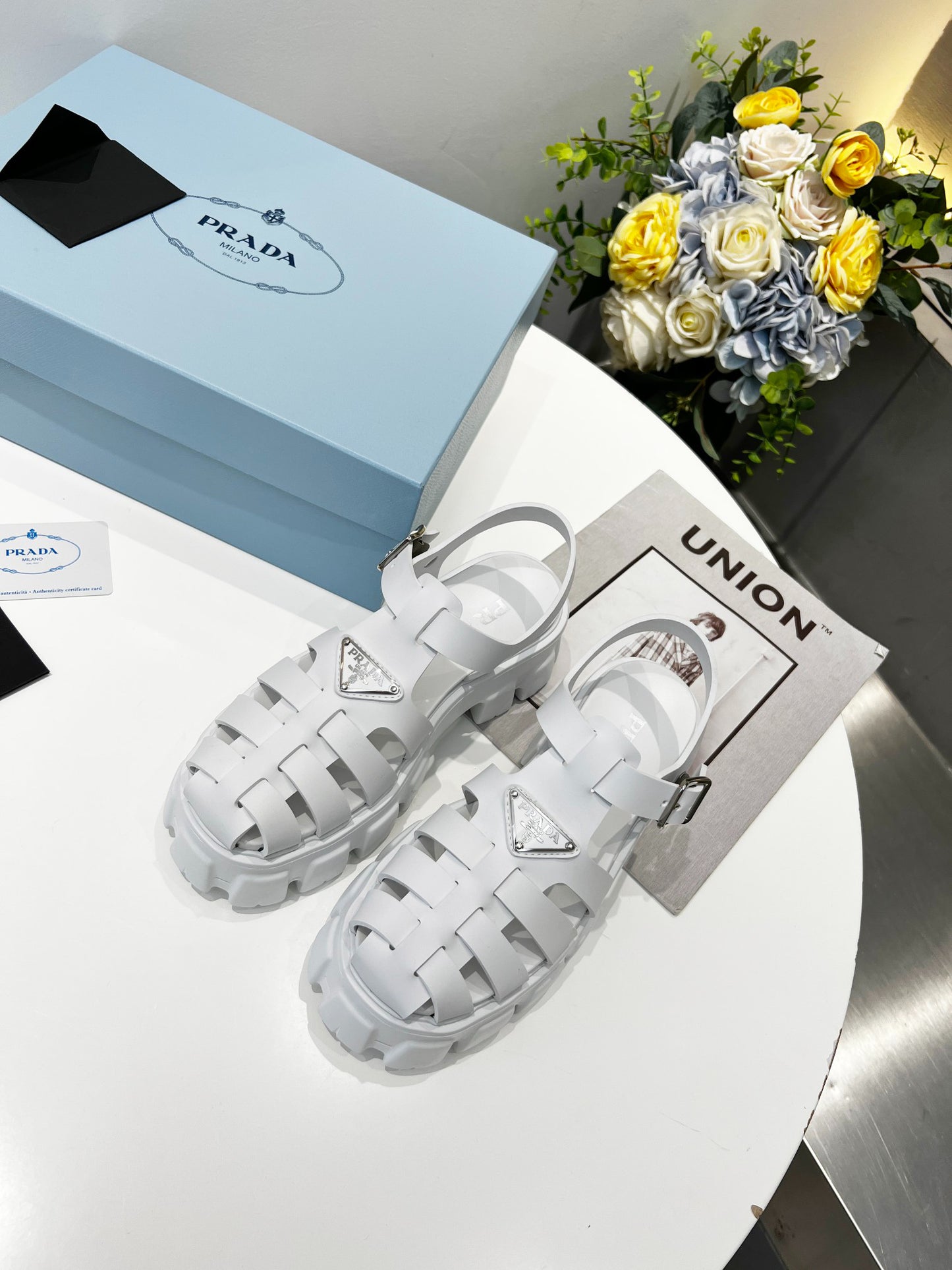Women White Chunky Platform Roman Sandals Prada Triangle Badge Ankle Strap Fisherman Shoes