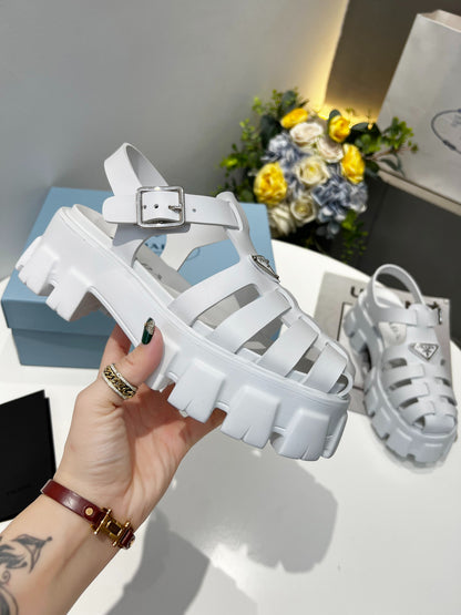 Women White Chunky Platform Roman Sandals Prada Triangle Badge Ankle Strap Fisherman Shoes