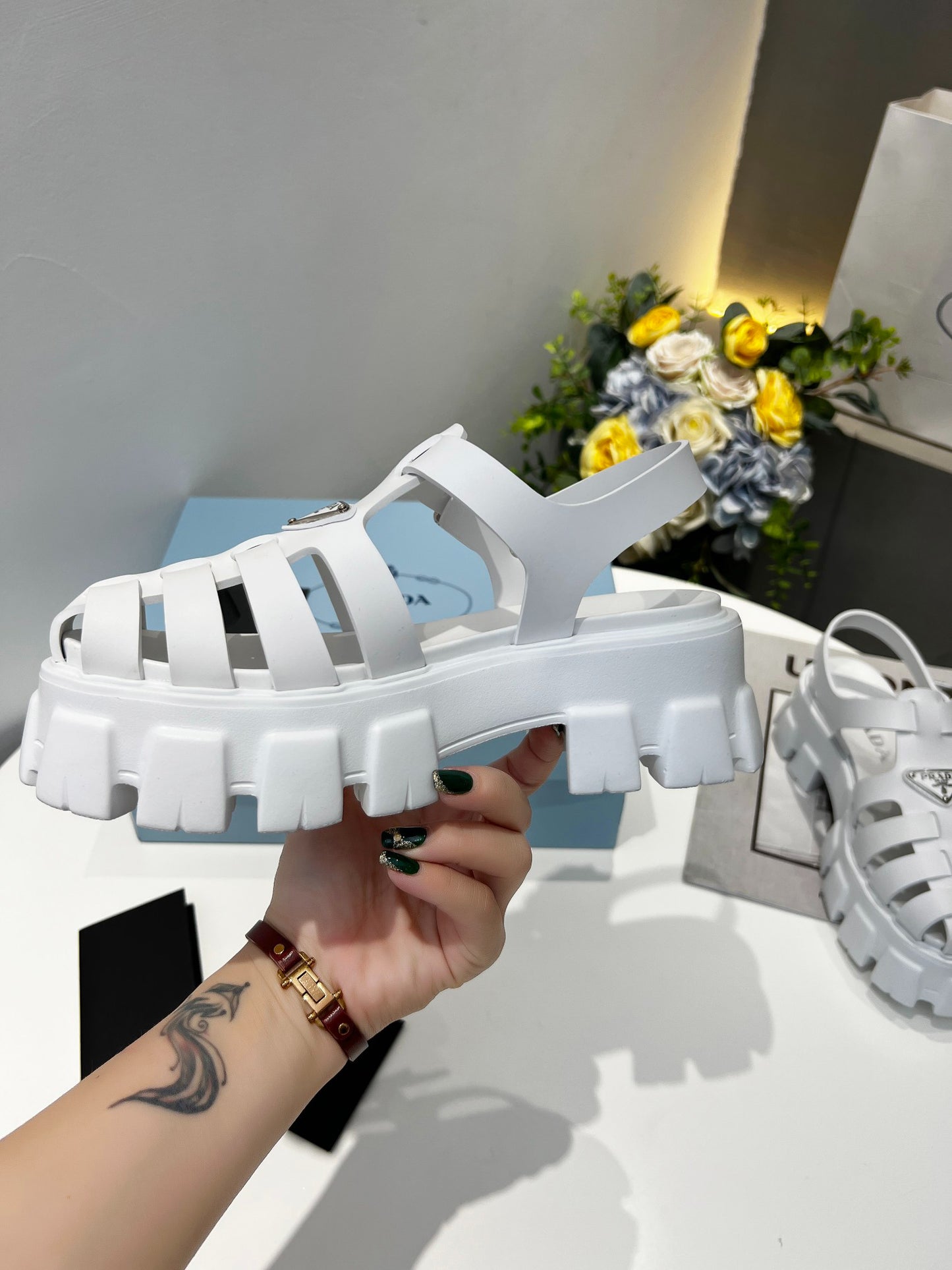 Women White Chunky Platform Roman Sandals Prada Triangle Badge Ankle Strap Fisherman Shoes