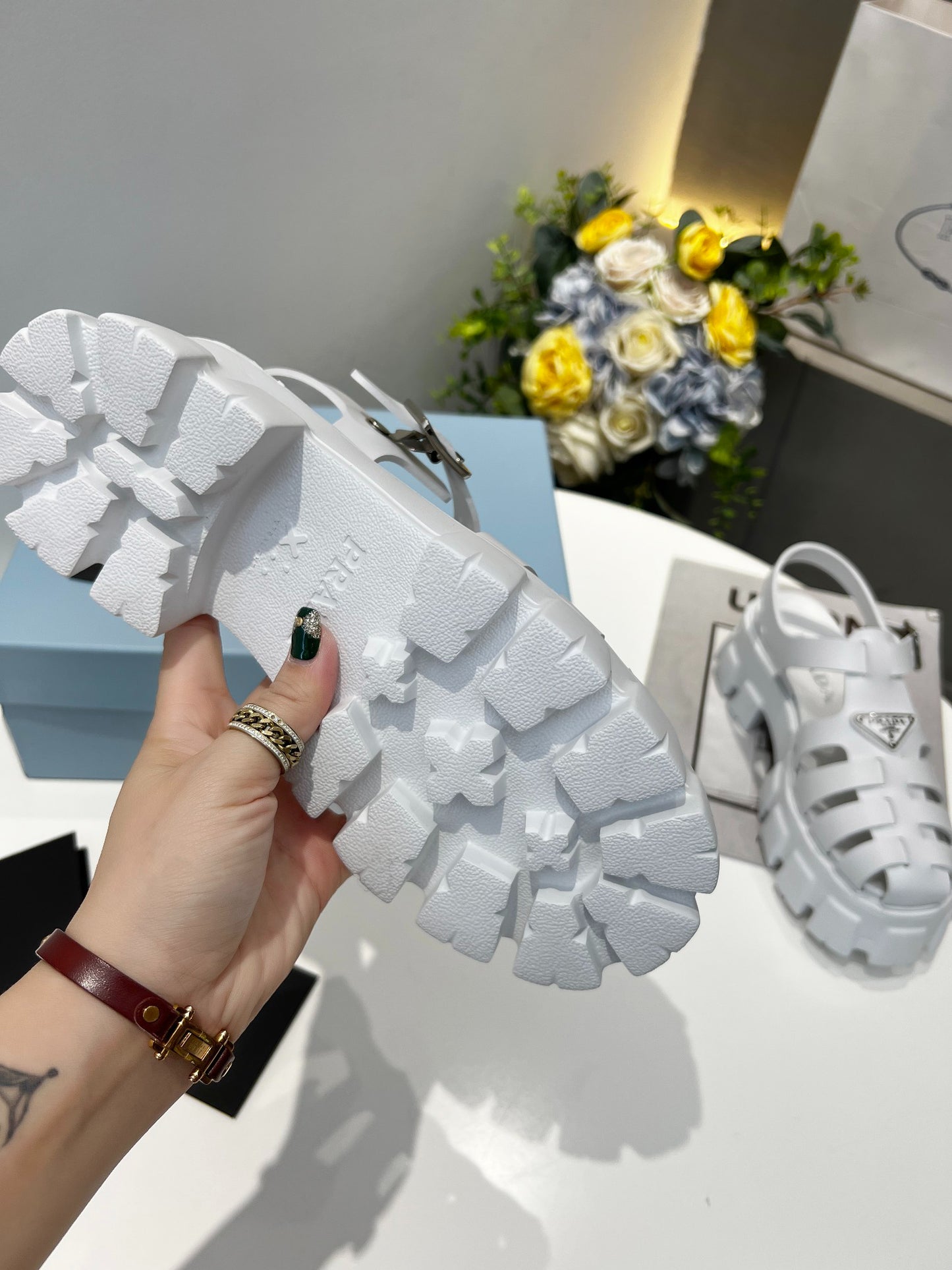 Women White Chunky Platform Roman Sandals Prada Triangle Badge Ankle Strap Fisherman Shoes