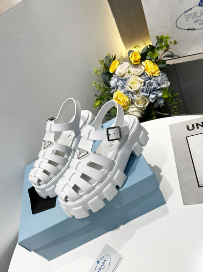 Women White Chunky Platform Roman Sandals Prada Triangle Badge Ankle Strap Fisherman Shoes