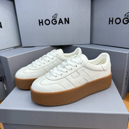 HOGAN All-White Leather Thick Gum Platform Casual Sneakers
