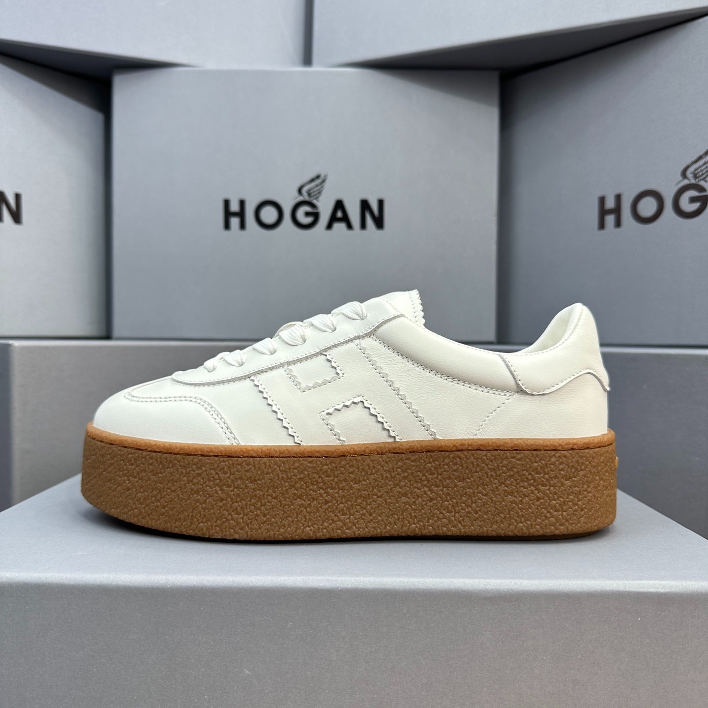 HOGAN All-White Leather Thick Gum Platform Casual Sneakers