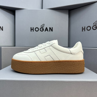 HOGAN All-White Leather Thick Gum Platform Casual Sneakers
