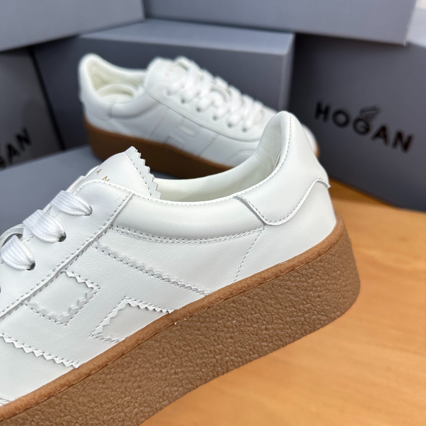 HOGAN All-White Leather Thick Gum Platform Casual Sneakers