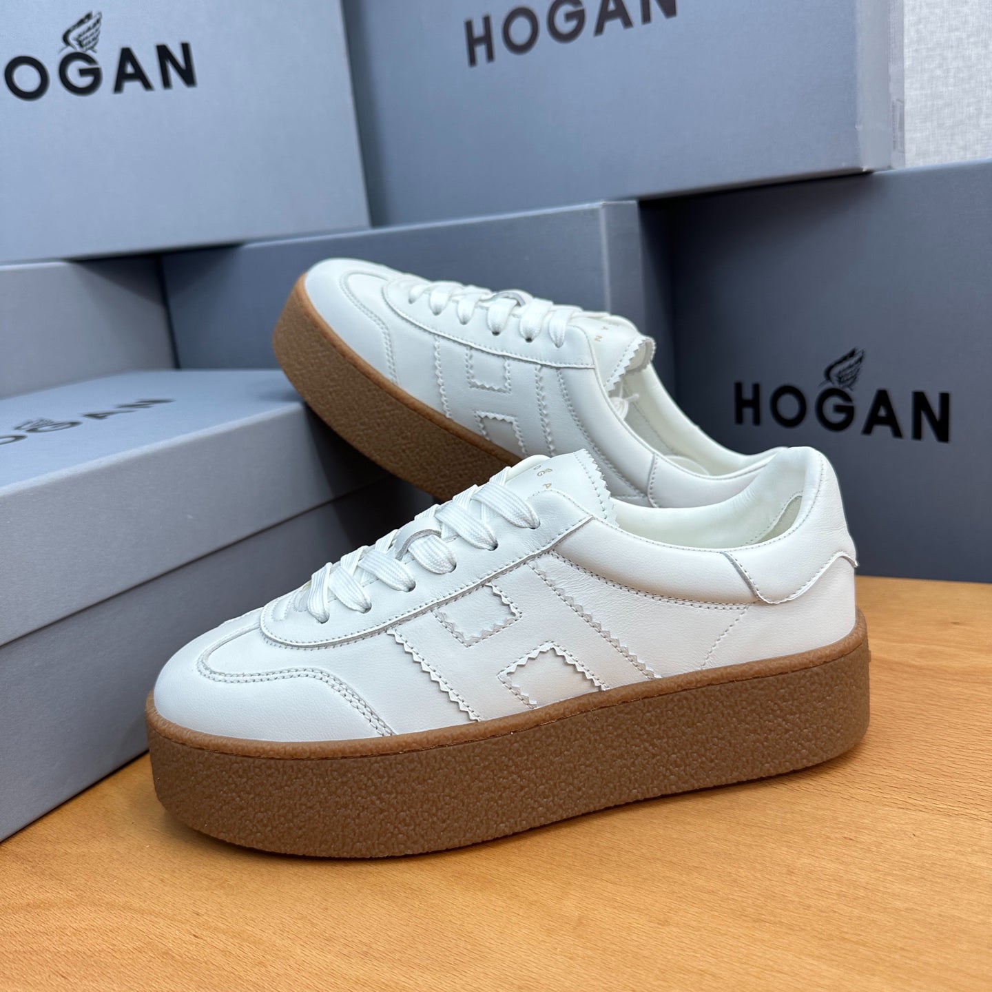 HOGAN All-White Leather Thick Gum Platform Casual Sneakers