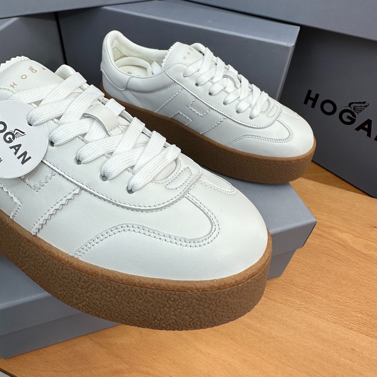 HOGAN All-White Leather Thick Gum Platform Casual Sneakers