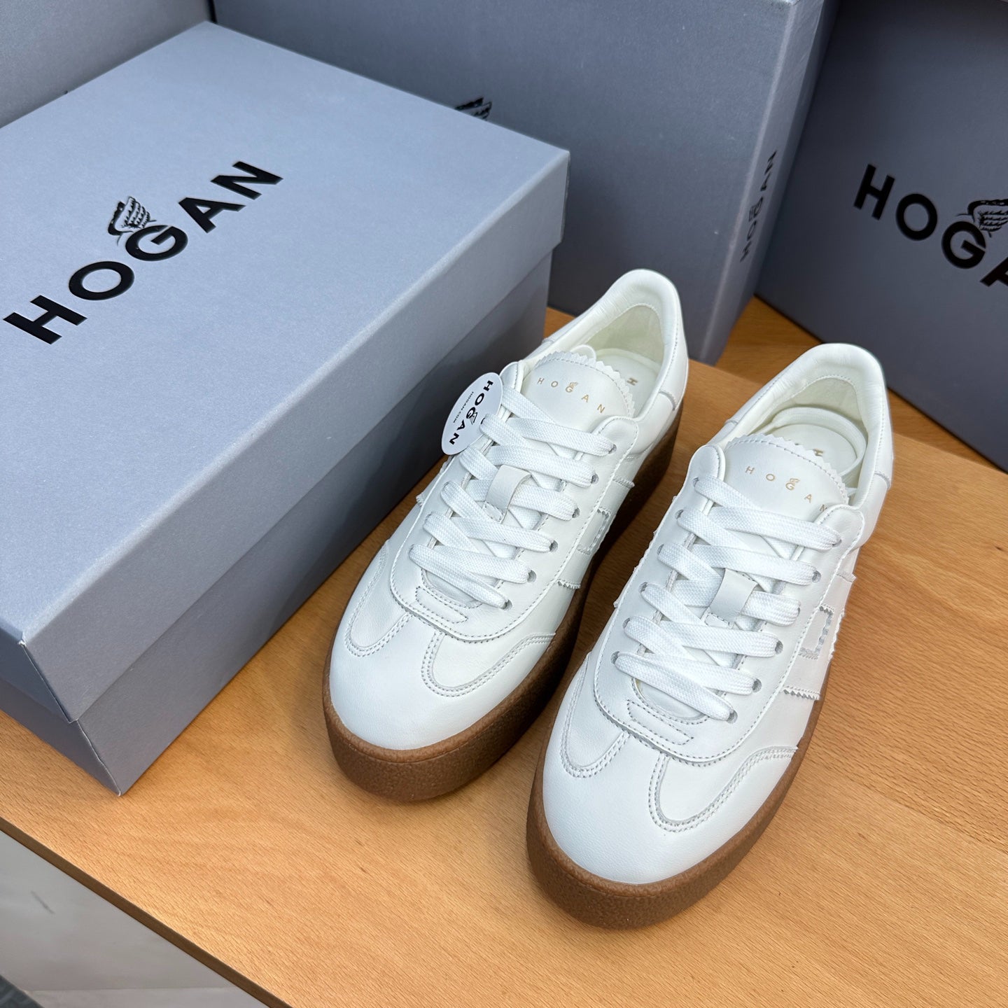 HOGAN All-White Leather Thick Gum Platform Casual Sneakers