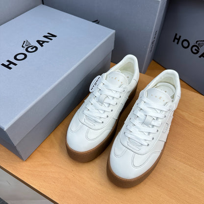 HOGAN All-White Leather Thick Gum Platform Casual Sneakers