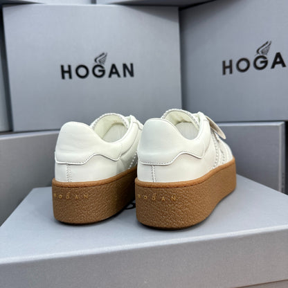 HOGAN All-White Leather Thick Gum Platform Casual Sneakers