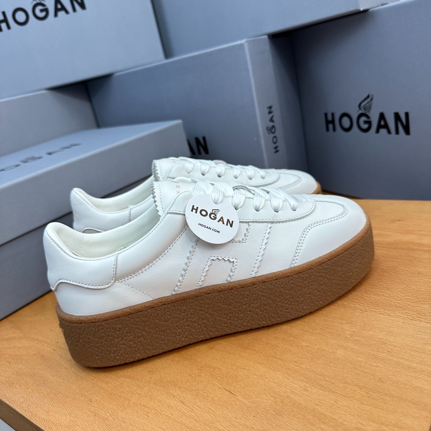 HOGAN All-White Leather Thick Gum Platform Casual Sneakers