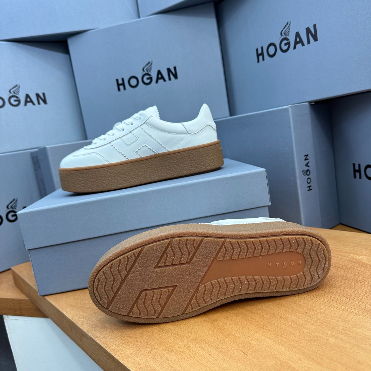 HOGAN All-White Leather Thick Gum Platform Casual Sneakers