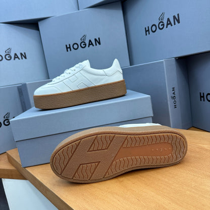 HOGAN All-White Leather Thick Gum Platform Casual Sneakers
