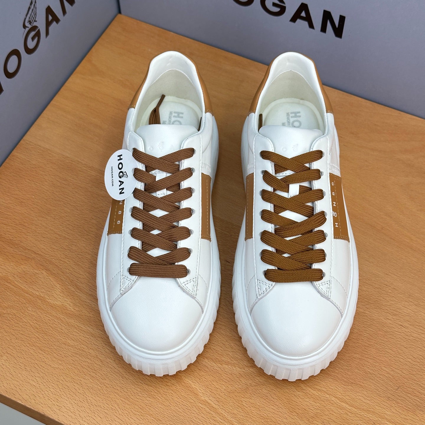 HOGAN White & Tan Brown Leather Ridged Platform Casual Sneakers