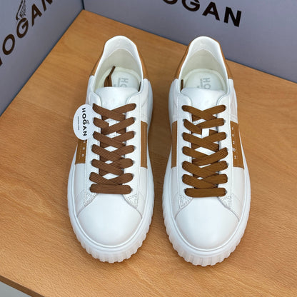 HOGAN White & Tan Brown Leather Ridged Platform Casual Sneakers