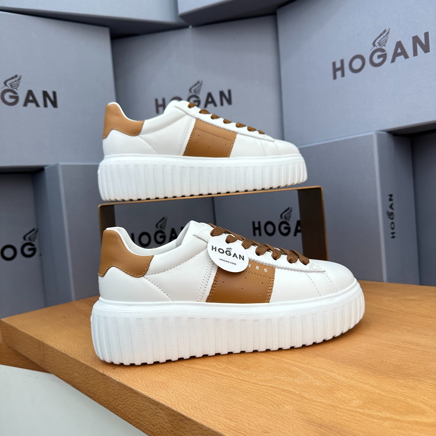 HOGAN White & Tan Brown Leather Ridged Platform Casual Sneakers
