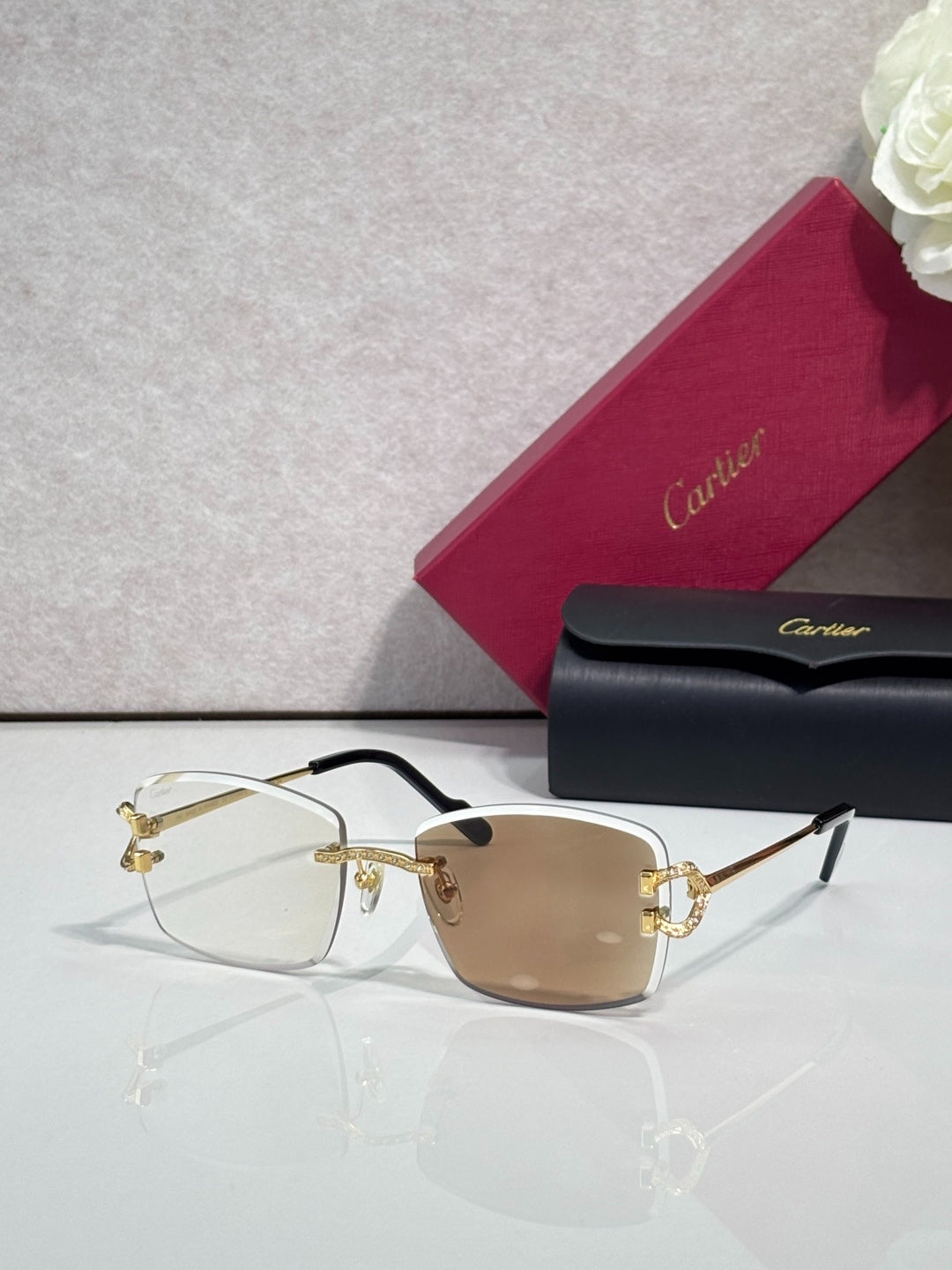 Cartier Gold-Tone Rimless Eyeglasses with Clear Lenses & Crystal-Embellished C-Logo Temples