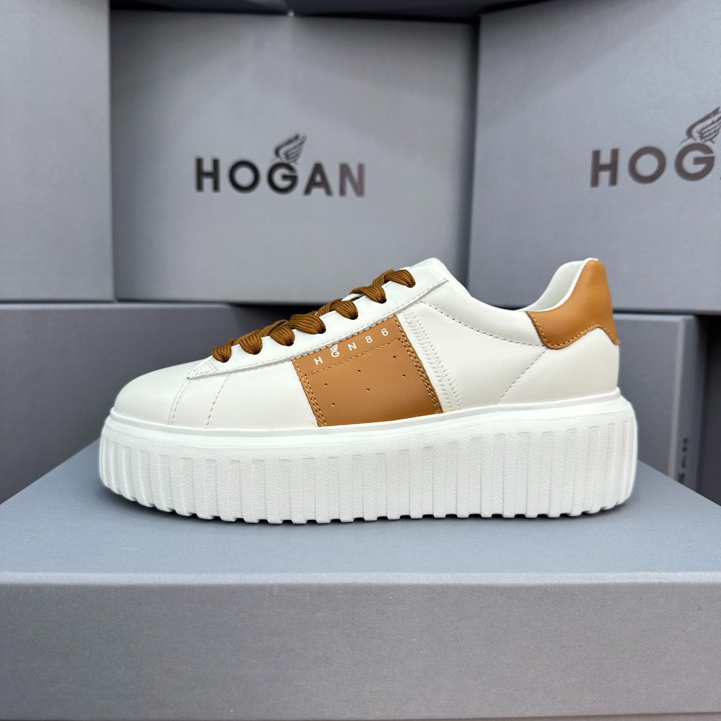 HOGAN White & Tan Brown Leather Ridged Platform Casual Sneakers