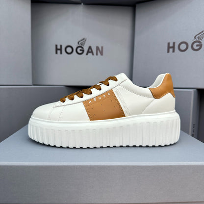 HOGAN White & Tan Brown Leather Ridged Platform Casual Sneakers