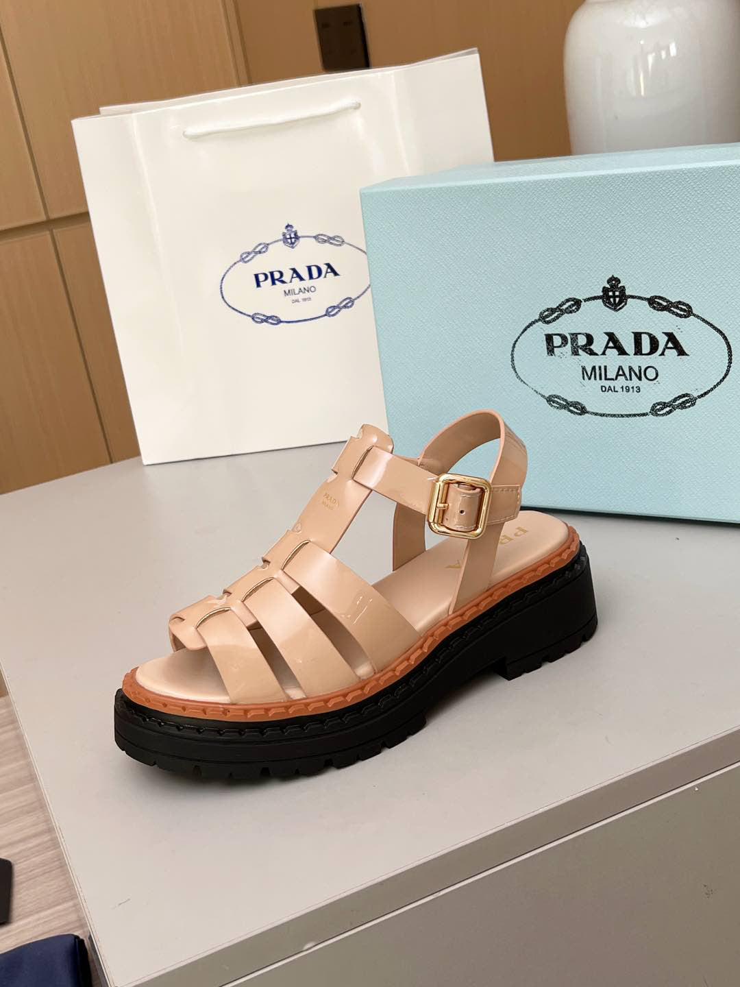 Prada Monolith Leather Fisherman Platform Sandals, Nude Patent Ankle Buckle Gladiator Sandals