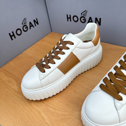 HOGAN White & Tan Brown Leather Ridged Platform Casual Sneakers