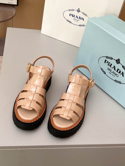 Prada Monolith Leather Fisherman Platform Sandals, Nude Patent Ankle Buckle Gladiator Sandals