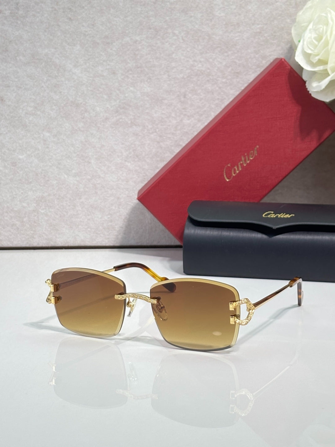 Cartier Gold-Tone Rimless Eyeglasses with Clear Lenses & Crystal-Embellished C-Logo Temples
