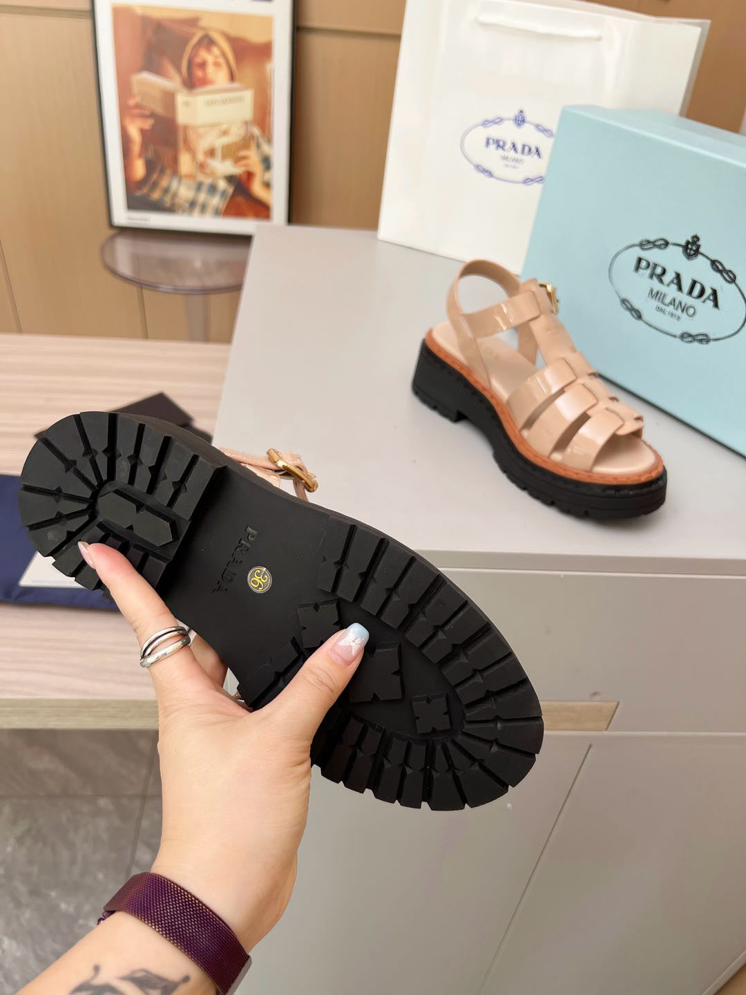 Prada Monolith Leather Fisherman Platform Sandals, Nude Patent Ankle Buckle Gladiator Sandals