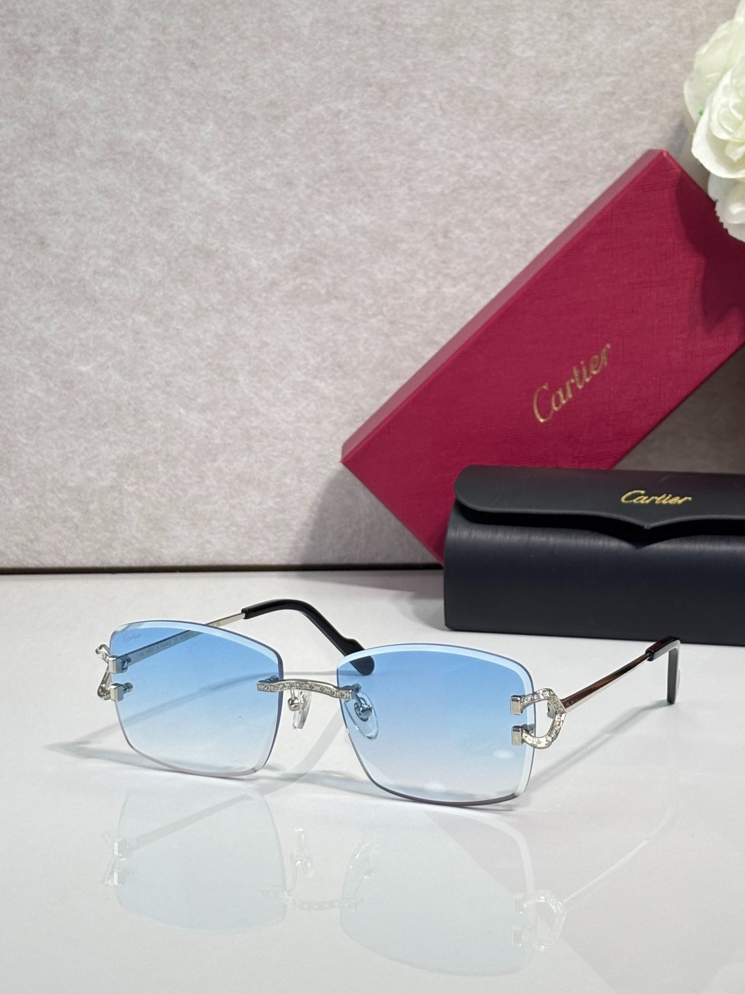 Cartier Gold-Tone Rimless Eyeglasses with Clear Lenses & Crystal-Embellished C-Logo Temples