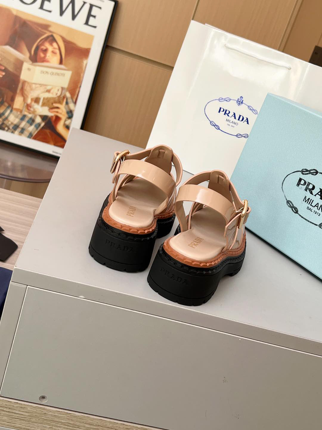 Prada Monolith Leather Fisherman Platform Sandals, Nude Patent Ankle Buckle Gladiator Sandals