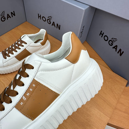 HOGAN White & Tan Brown Leather Ridged Platform Casual Sneakers