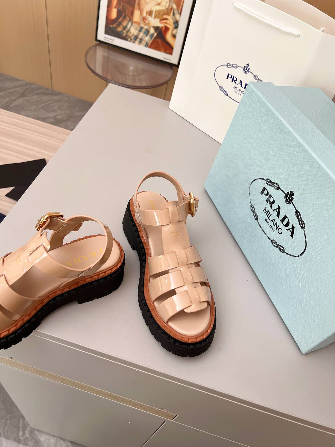 Prada Monolith Leather Fisherman Platform Sandals, Nude Patent Ankle Buckle Gladiator Sandals