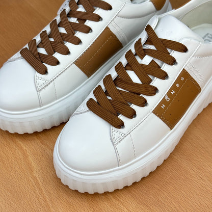 HOGAN White & Tan Brown Leather Ridged Platform Casual Sneakers