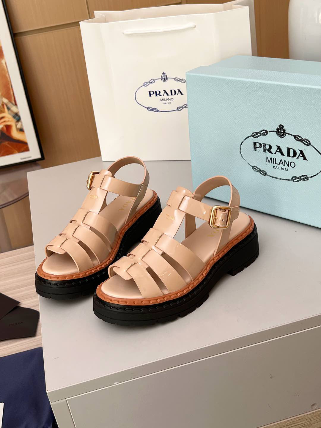 Prada Monolith Leather Fisherman Platform Sandals, Nude Patent Ankle Buckle Gladiator Sandals