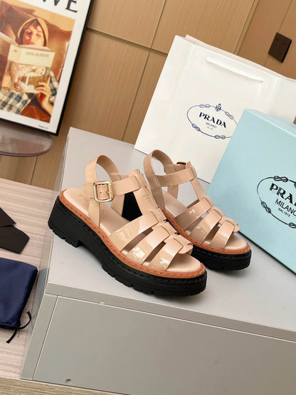 Prada Monolith Leather Fisherman Platform Sandals, Nude Patent Ankle Buckle Gladiator Sandals