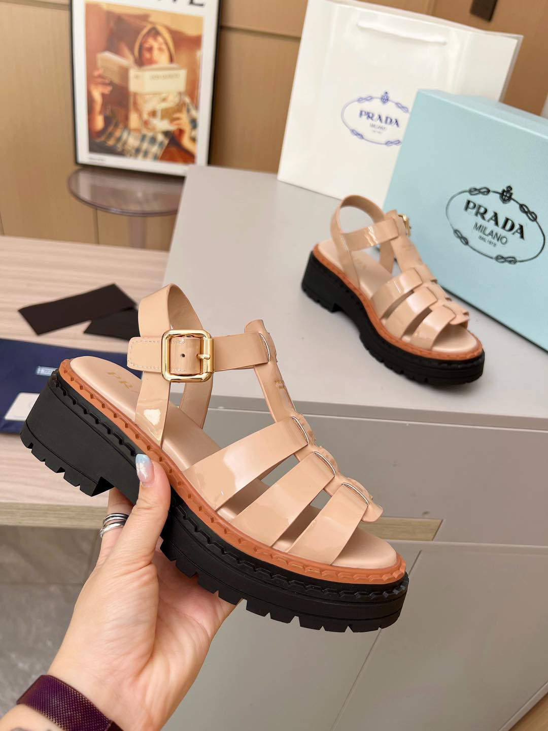 Prada Monolith Leather Fisherman Platform Sandals, Nude Patent Ankle Buckle Gladiator Sandals