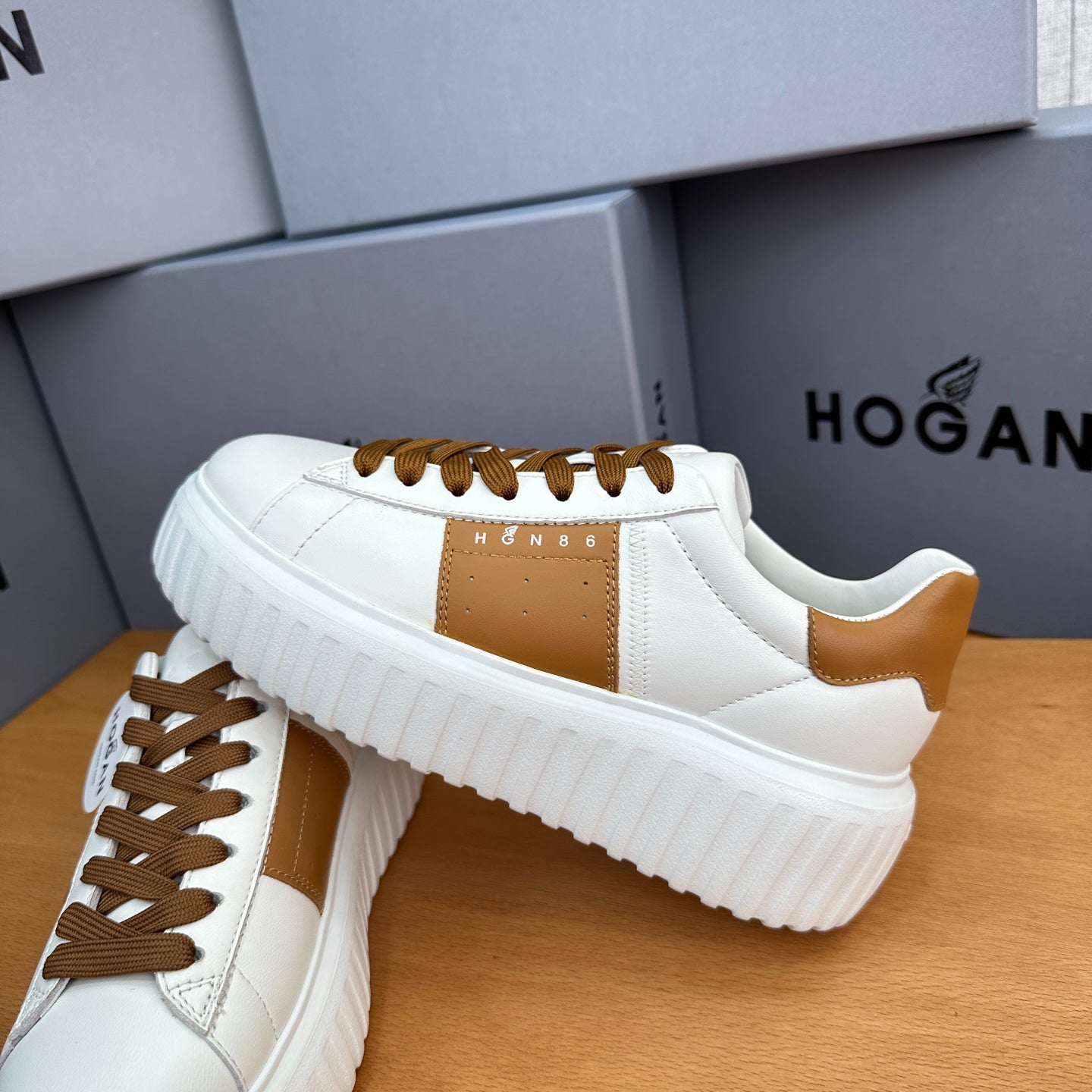 HOGAN White & Tan Brown Leather Ridged Platform Casual Sneakers