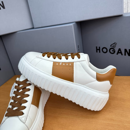 HOGAN White & Tan Brown Leather Ridged Platform Casual Sneakers