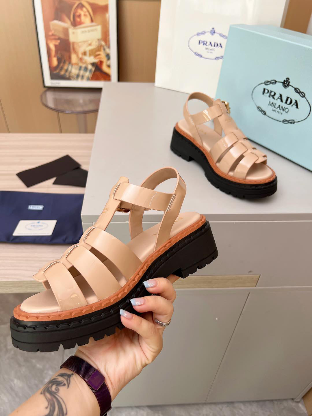 Prada Monolith Leather Fisherman Platform Sandals, Nude Patent Ankle Buckle Gladiator Sandals