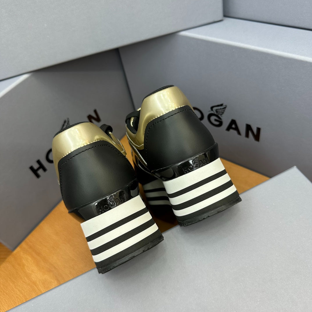 Black Gold Patchwork Platform Sneakers Women White Striped Wedge Height Up Casual Shoes