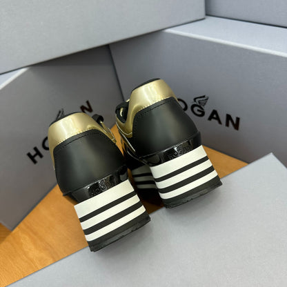 Black Gold Patchwork Platform Sneakers Women White Striped Wedge Height Up Casual Shoes