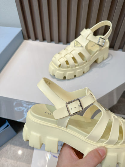 Women Cream Yellow Platform Roman Fisherman Sandals Triangle Metal Logo Adjustable Ankle Buckle Shoes