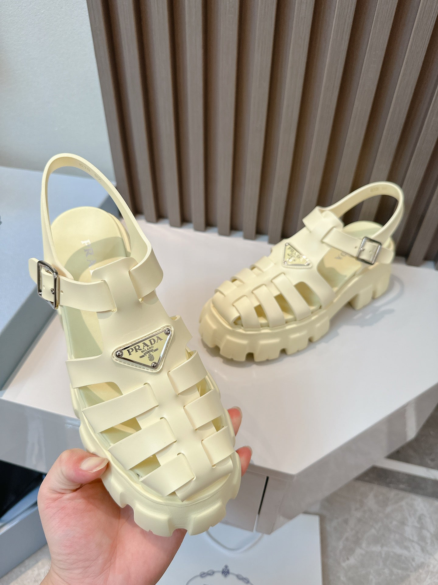 Women Cream Yellow Platform Roman Fisherman Sandals Triangle Metal Logo Adjustable Ankle Buckle Shoes