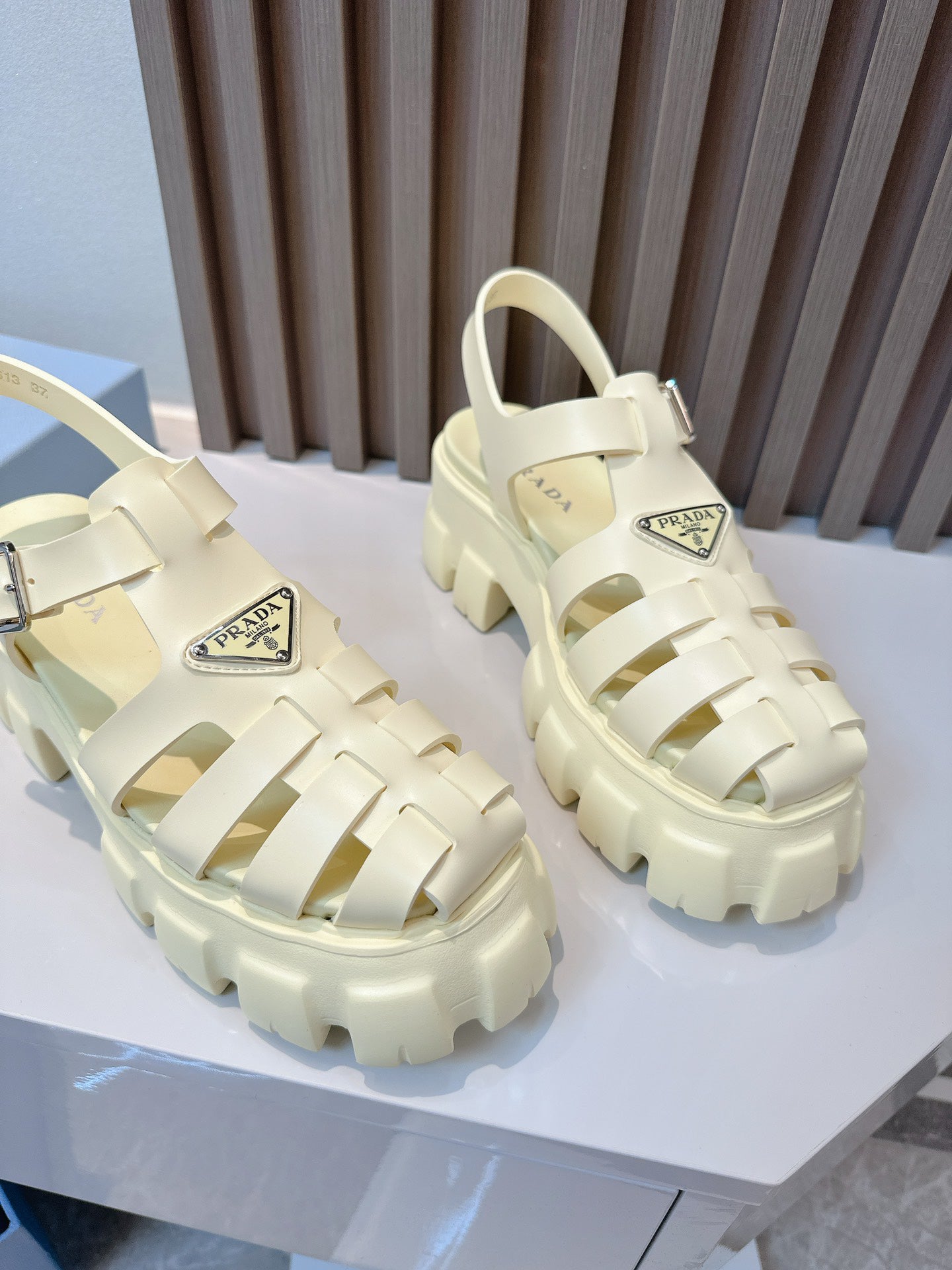 Women Cream Yellow Platform Roman Fisherman Sandals Triangle Metal Logo Adjustable Ankle Buckle Shoes