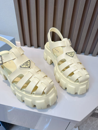 Women Cream Yellow Platform Roman Fisherman Sandals Triangle Metal Logo Adjustable Ankle Buckle Shoes