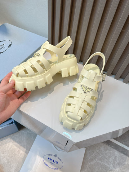 Women Cream Yellow Platform Roman Fisherman Sandals Triangle Metal Logo Adjustable Ankle Buckle Shoes