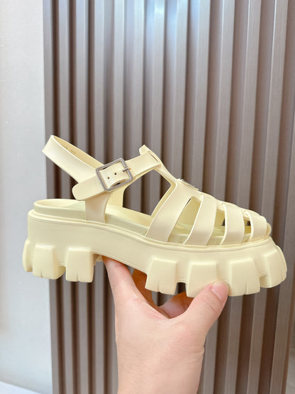 Women Cream Yellow Platform Roman Fisherman Sandals Triangle Metal Logo Adjustable Ankle Buckle Shoes