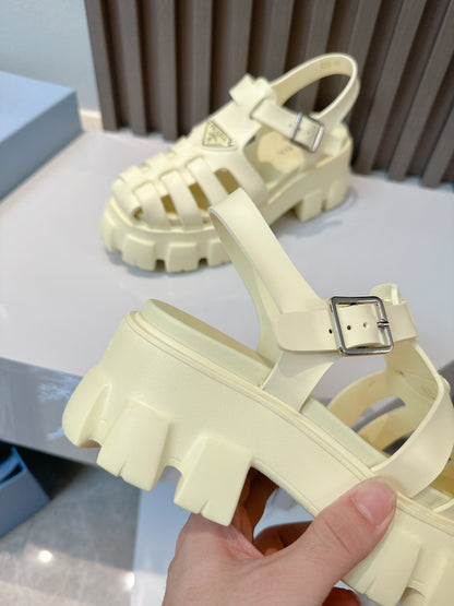 Women Cream Yellow Platform Roman Fisherman Sandals Triangle Metal Logo Adjustable Ankle Buckle Shoes