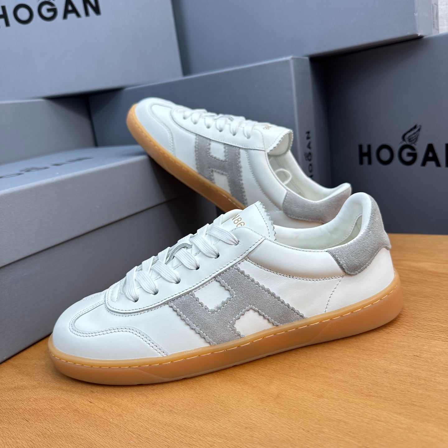 HOGAN White & Grey Suede Gum Sole Retro Casual Sneakers